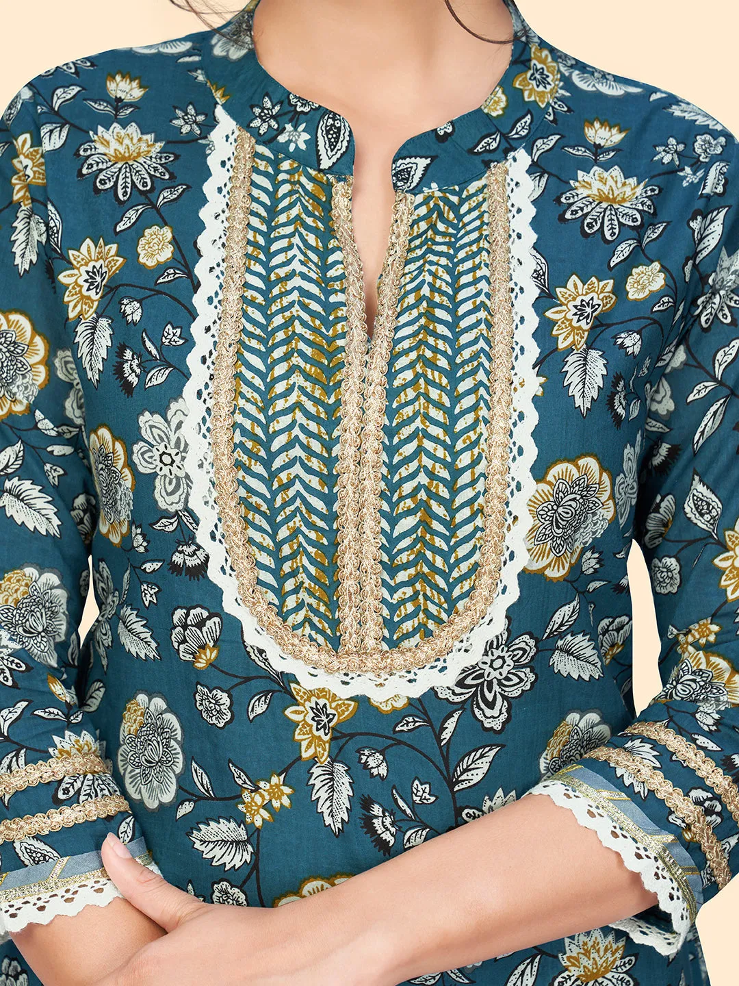 Women'S Floral Print & Lace Work Straight Cotton Blue Stitched Kurta Pant With Dupatta