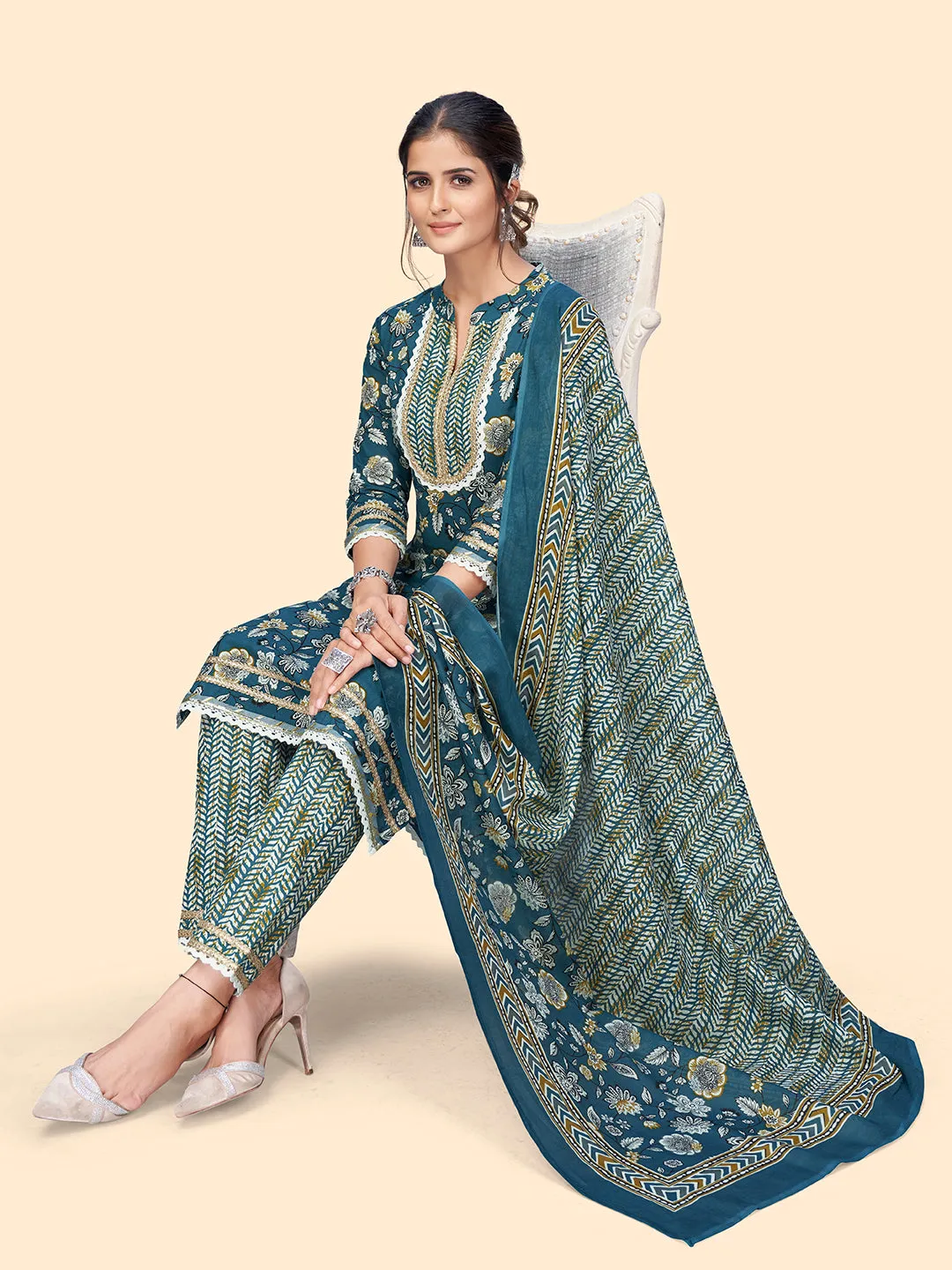 Women'S Floral Print & Lace Work Straight Cotton Blue Stitched Kurta Pant With Dupatta