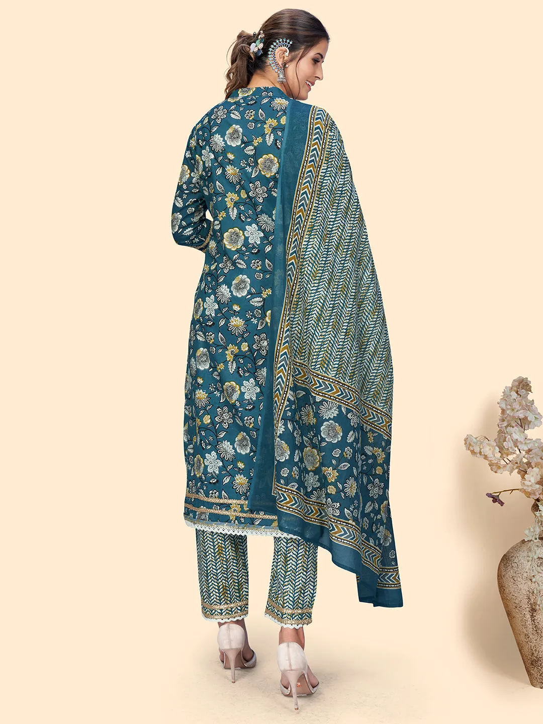 Women'S Floral Print & Lace Work Straight Cotton Blue Stitched Kurta Pant With Dupatta