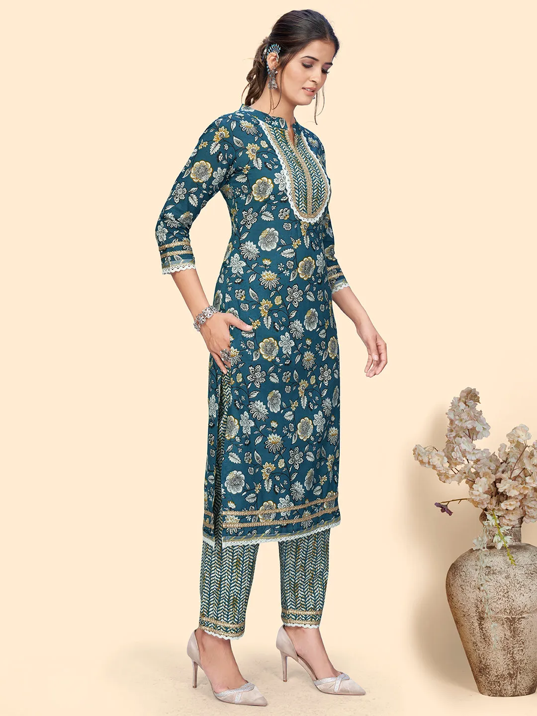 Women'S Floral Print & Lace Work Straight Cotton Blue Stitched Kurta Pant With Dupatta
