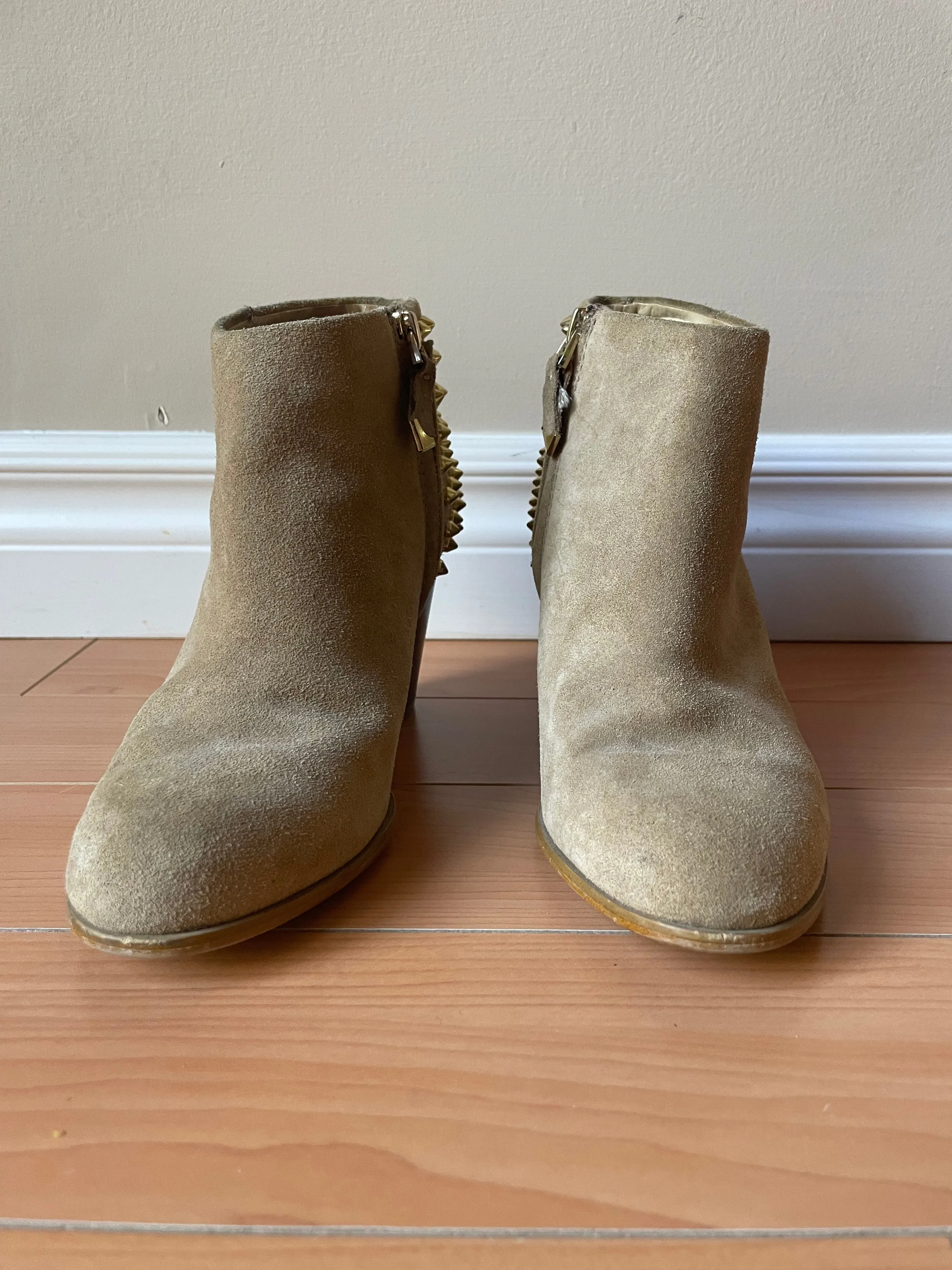 Zara Woman Beige Genuine Suede Gold Studded Heel Boots - Size 37